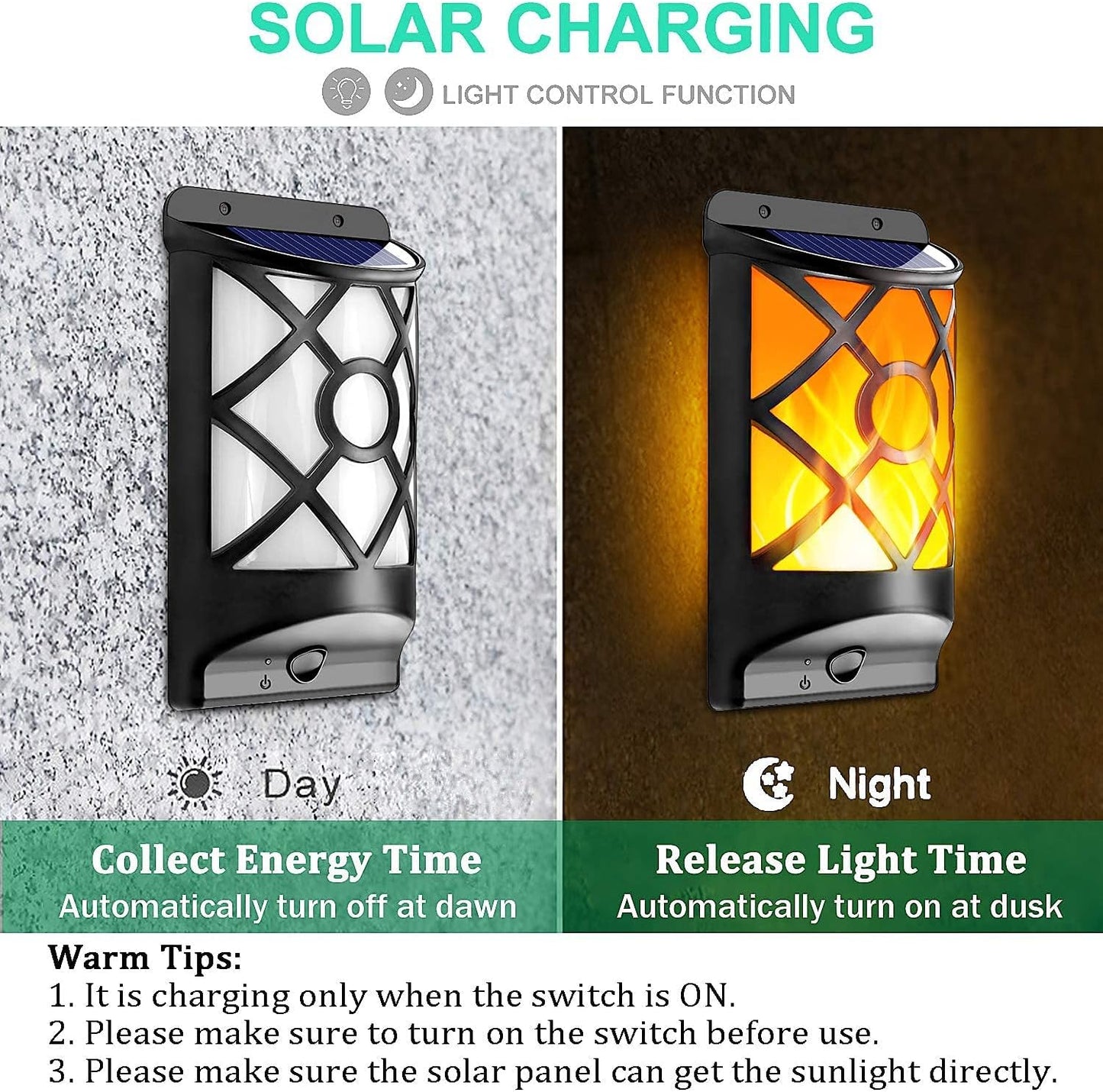 Solar Flame Lights Outdoor, Realistic 3D Flickering Flames with 66 Ultra-Bright LEDs - Waterproof Wall Mount Lanterns for Deck, Fence, Patio, Garden, Auto On/Off (4-Pack Value Set)