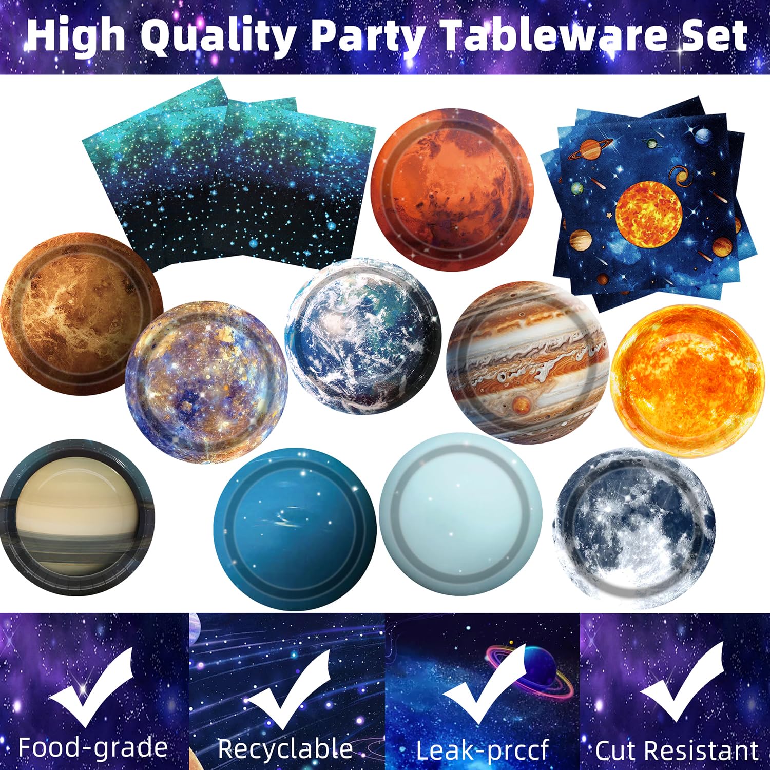 UROINEPA Space Theme Party Decorations 100Pcs Galaxy Planet Outer Space Disposable Plates and