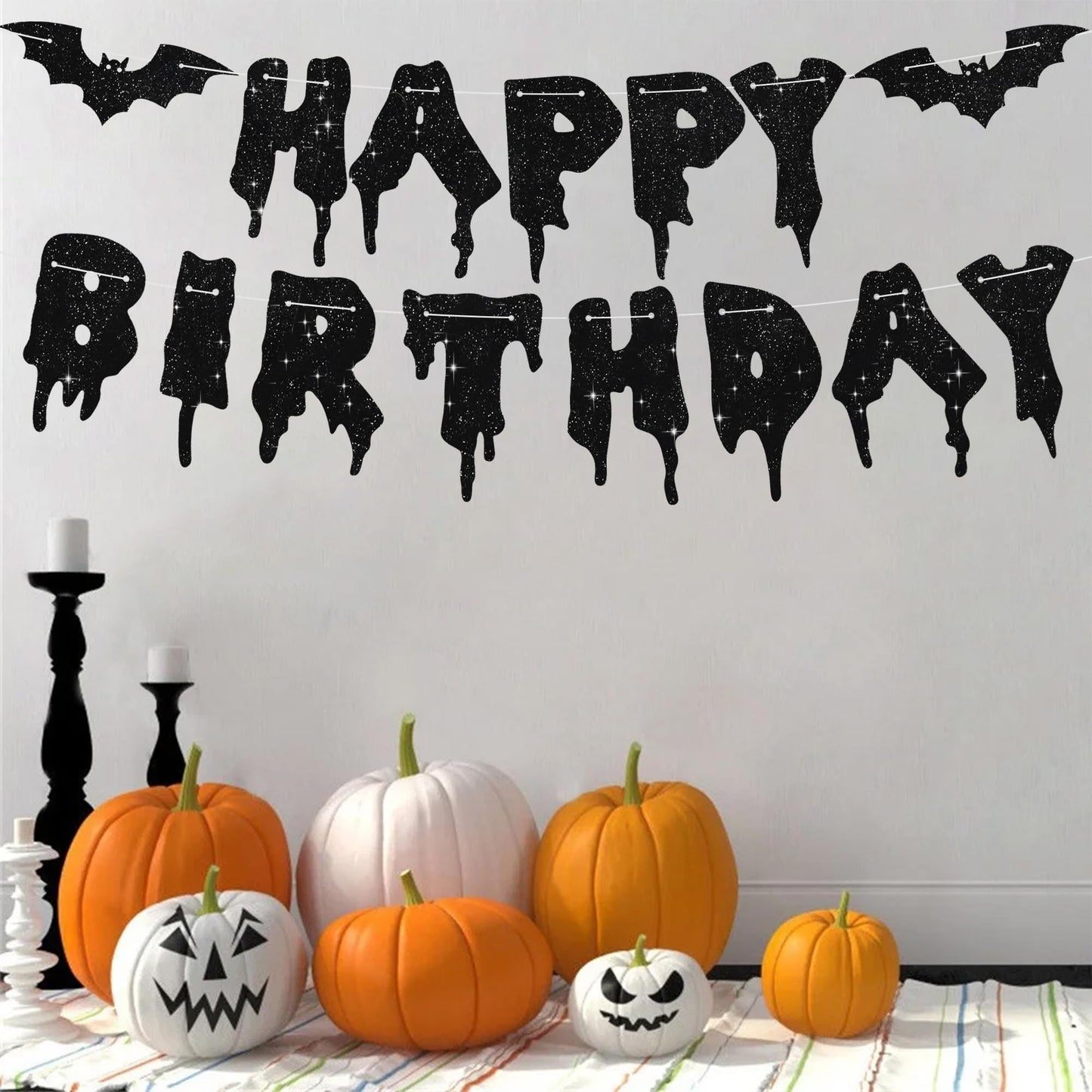 RICHHHA Glitter Black Glitter Happy Birthday Halloween Banner- NO DIY - Halloween Hanging Paper