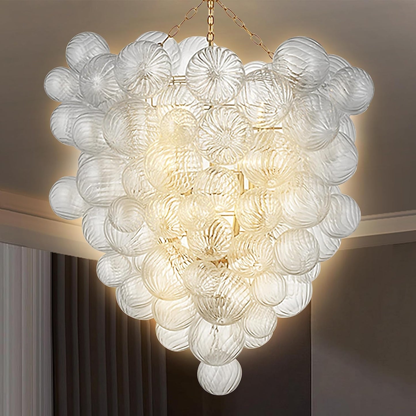 Mid Century Bubble Ball Swirled Glass Chandelier, 36 in. 2-Layer Cages Gild Gold and Clear Blown Glass Large Cluster Bbble Pendant Light Fixture for Bedroom Restaurant Dining Room