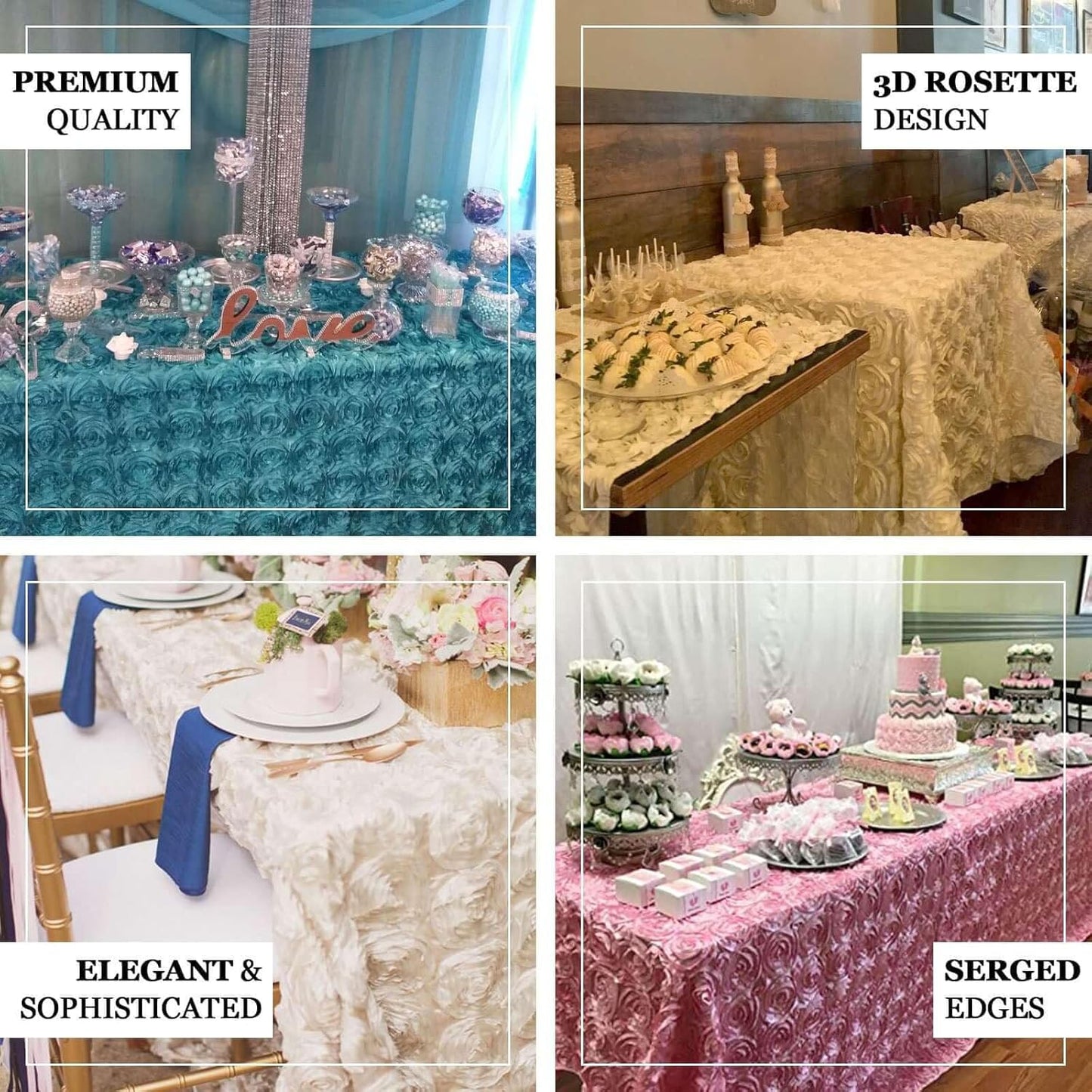 Efavormart 90"x156" Wholesale Rectangle Table Cover White Grandiose Rosette 3D Satin Tablecloth for Wedding Party Event Decoration