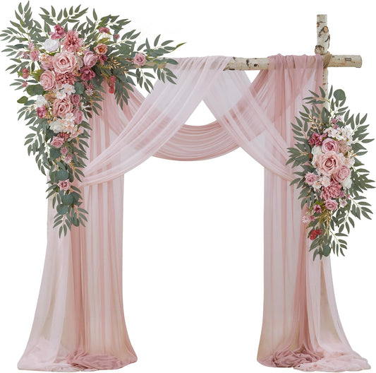 Wedding Arch Flowers with Drapes Kit (Pack of 4) - 2pcs Artificial Dusty Rose Deluxe Swag with 2pcs Sheer Drapes for Wedding Ceremony Arbor Reception Backdrop Rose Floral Decoration