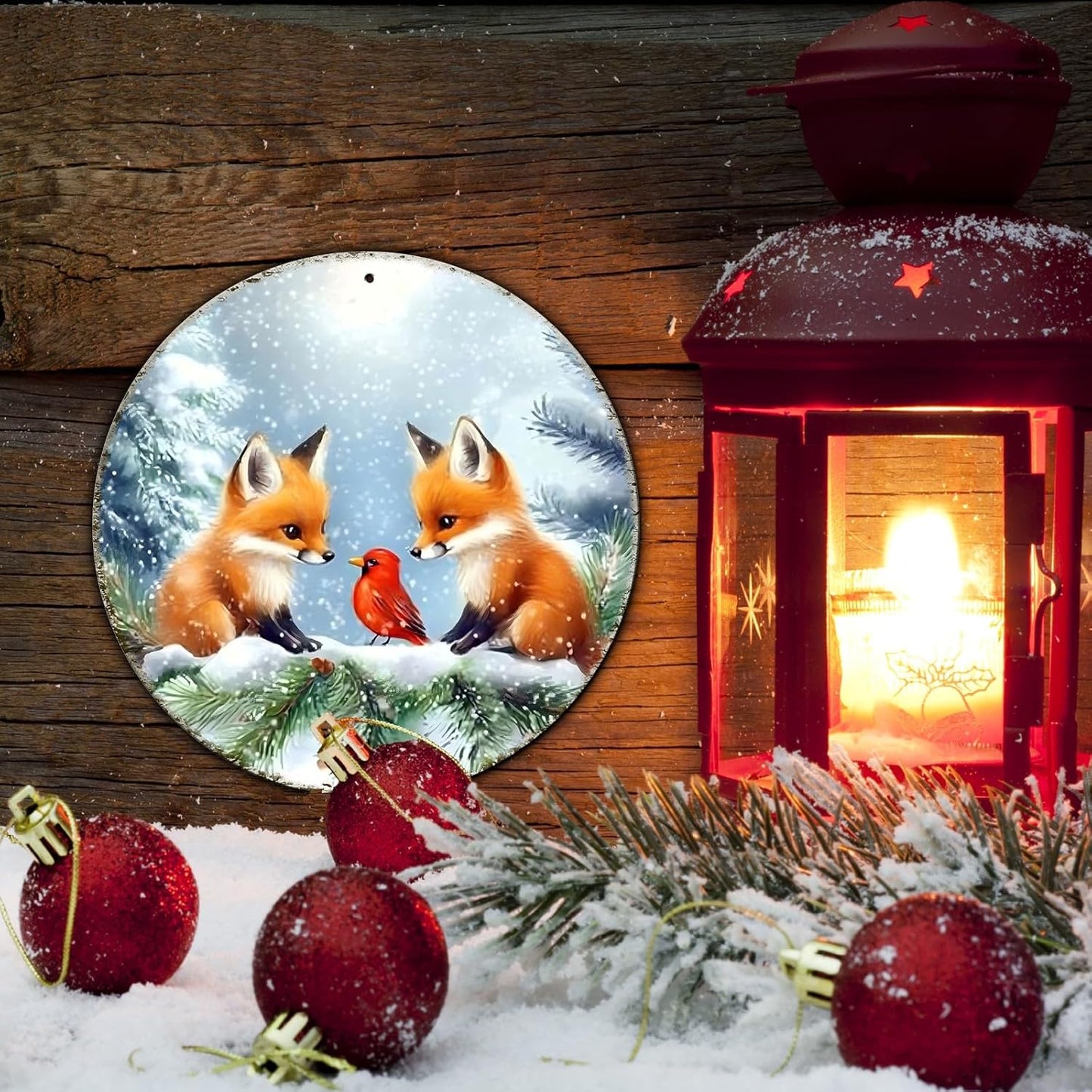 Christmas Round Fox Metal Tin Sign - Red Bird Winter Vintage Sign for Home & Outdoor Decorations - 8 * 8 in