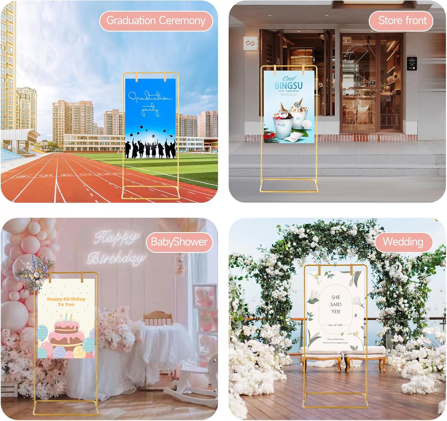 Wedding Sign Stand - Adjustable Wedding Sign W/Design Bundle & Leather Sign Hanging Straps, Durable Metal Easel Stand for Wedding Welcome Signs, Seating Charts, Ceremony & Reception Decor (Gold)