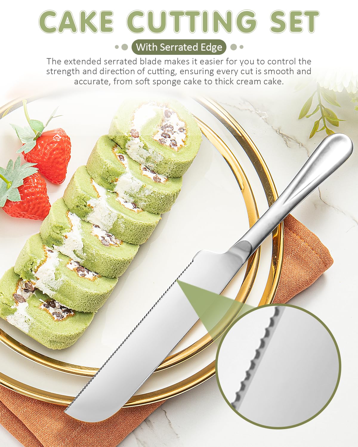 FTAKRY 2-Piece Premium Cake Cutting Set, Exquisite Knife and Server with Serrated Design, Includes