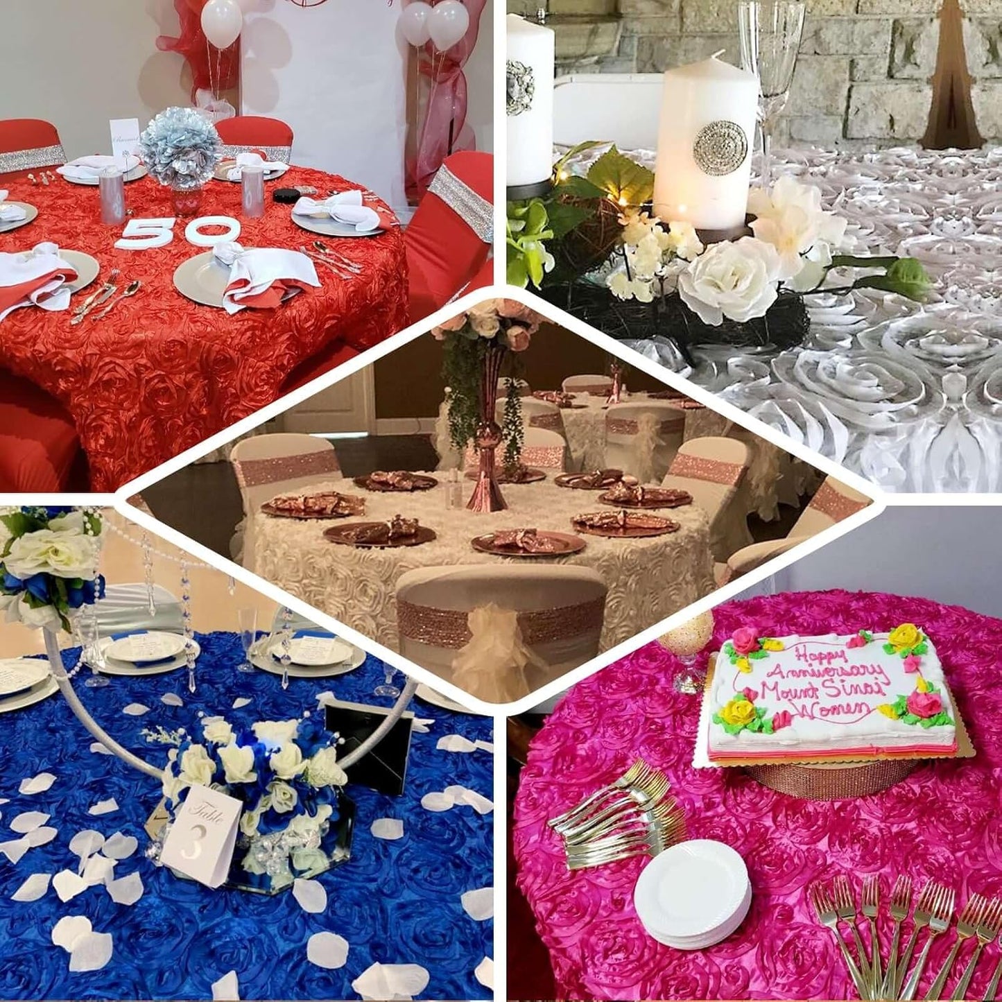 Efavormart 120" Wholesale Round Table Cover Silver Grandiose Rosette 3D Satin Tablecloth for Wedding Party Event Decoration