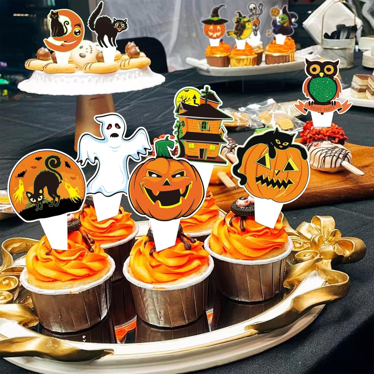 24 PCS Vintage Halloween Cupcake Toppers Halloween Happy Birthday Party Decorations Cake Decor Cupcake Decorations Cake Decorating Party Supplies Decor for Baby Shower Boys Girls