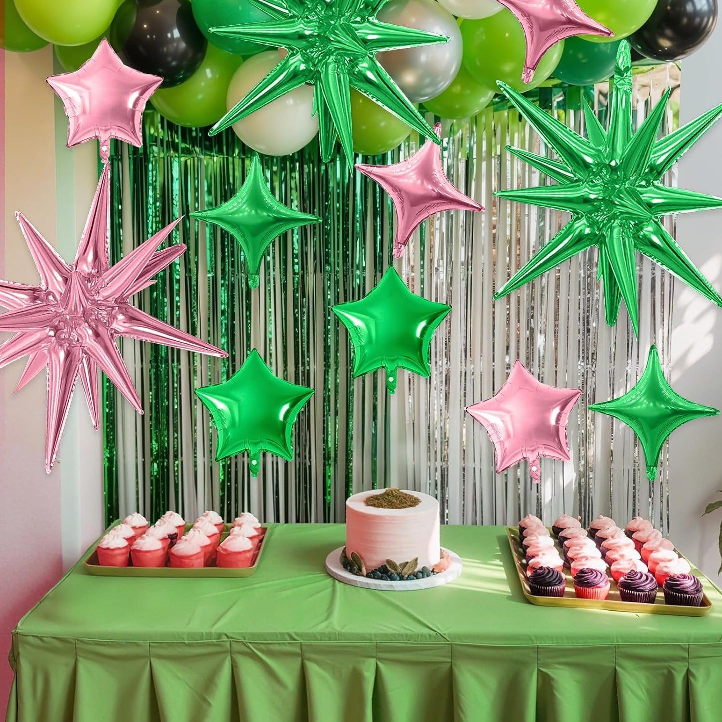 Pink Green Star Balloon,16Pcs Star Foil Balloons Set with 22Inch Explosion Spike Cone Balloons and 10Inch Quadrangle Helium Balloon for Birthday Wedding Baby Shower Party Decorations