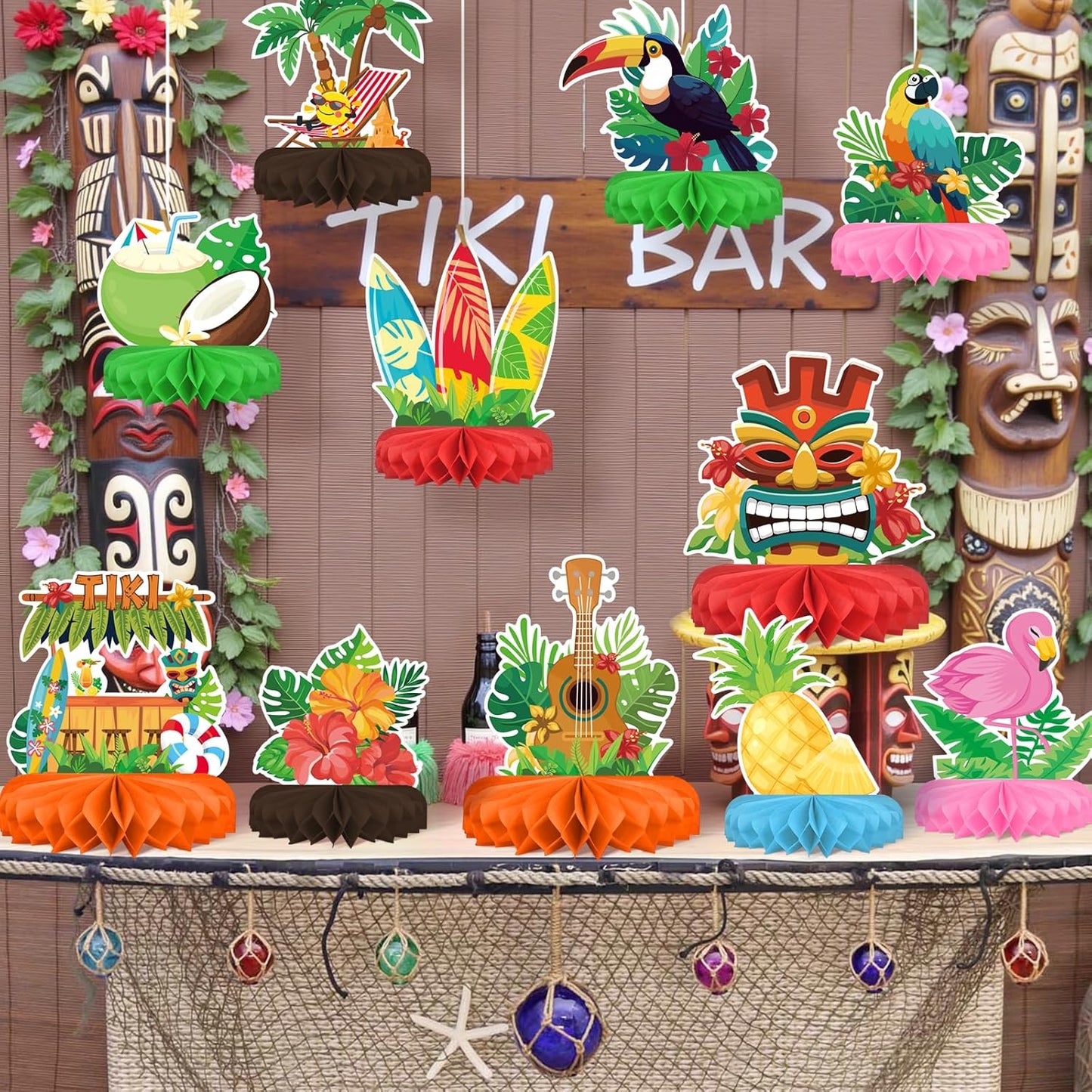 Hawaiian Luau Party Decorations Set: Aloha Theme Table Decoration with Luau Honeycomb Centerpiece for Tiki and Luau Hawaiian Party Supplies