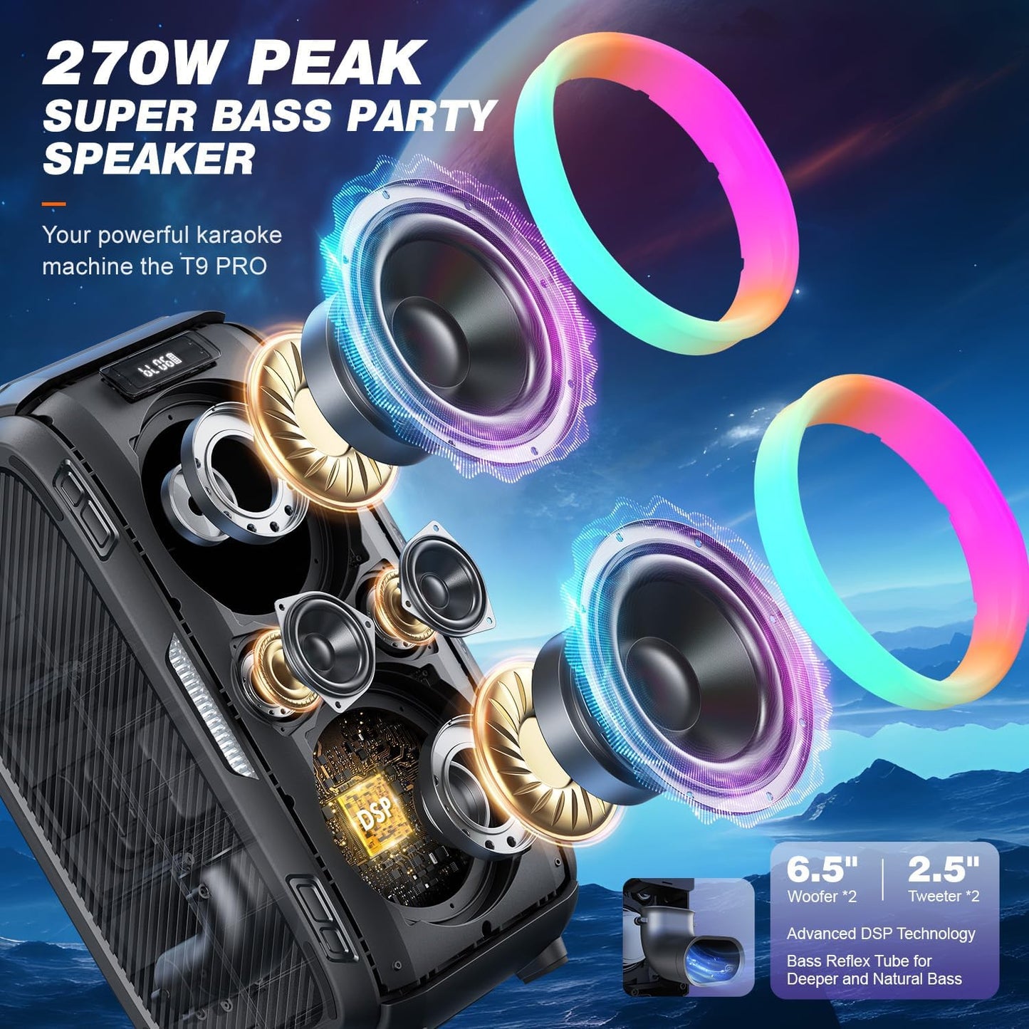 W-KING 270W PEAK Party Large Bluetooth Speaker Loudest Boom Box/12 Custom Bass/Massive 125dB 6.5''x2 Subwoofer Deepest Bass, Big Portable Speaker Wireless, IPX5/MIC&GTR in/USB/TF/AUX,Removable Battery