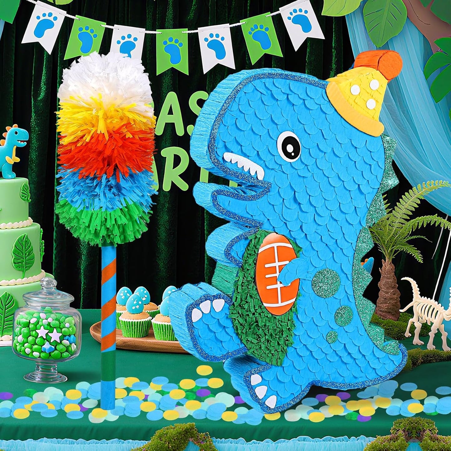Large Dinosaur Pinata Bundle with a Blindfold, Bat (24 x16.5 x4 Inches), Dino Baby with Football Decorations for Boy Animal Theme Birthday Party