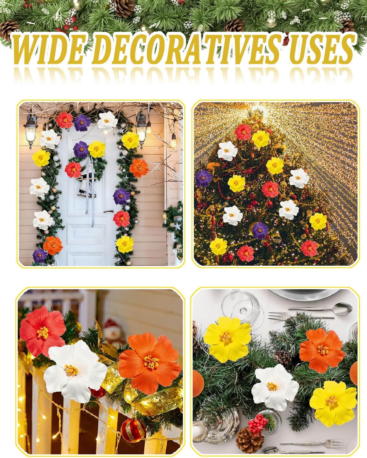5 PCS Hawaiian Hibiscus Artificial Flowers for Christmas Tree Wreath DIY Ornaments 3.74 Inch Faux Flower for Wreath Garland New Year Party Wedding Home Party (5, Red Orange White Blue Green)