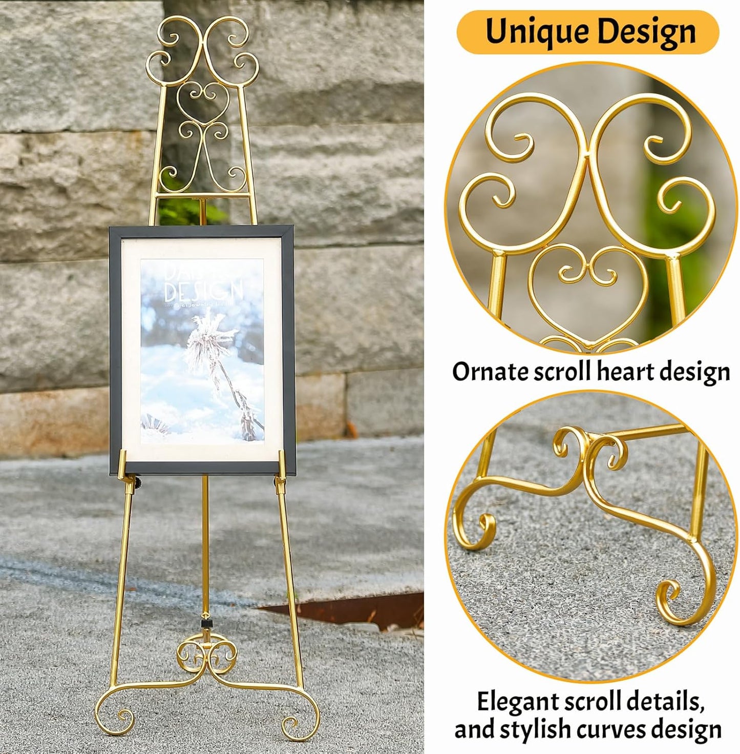 Metal Large Free Standing Adjustable Display Stand Scroll Easel with Chain Support, Gold Easel Stand for Sign, Heavy Duty Easel for Mirror, Wedding, Picture Frame (No Installation Required)