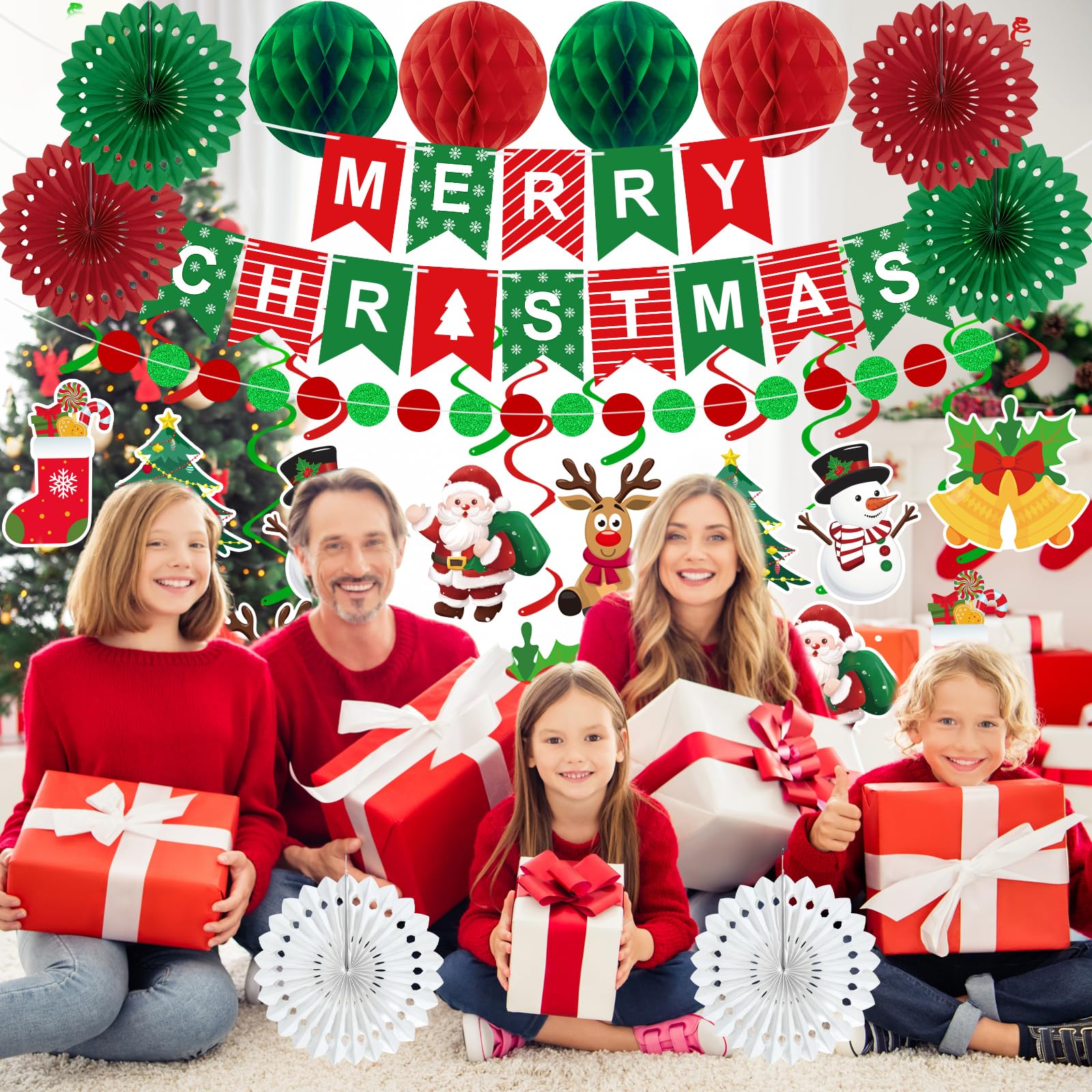 25pcs Christmas Party Decorations Merry Christmas Banner Paper Fan Garlands String Circle Dot