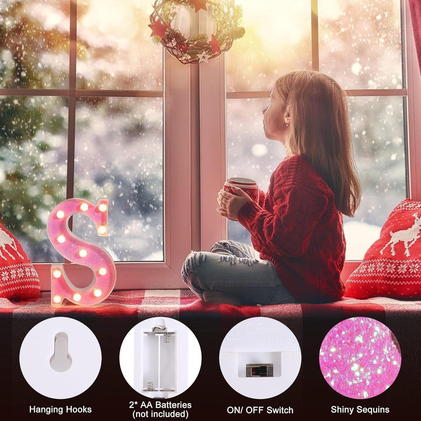 Foaky Pink Light up Letters，Pink Party Decorations,Girls Room Decor,Glitter Light Up Letters,Alphabet Letter Sign for Night Light Birthday Party Girls Gifts, Home Bar Decoration（T）