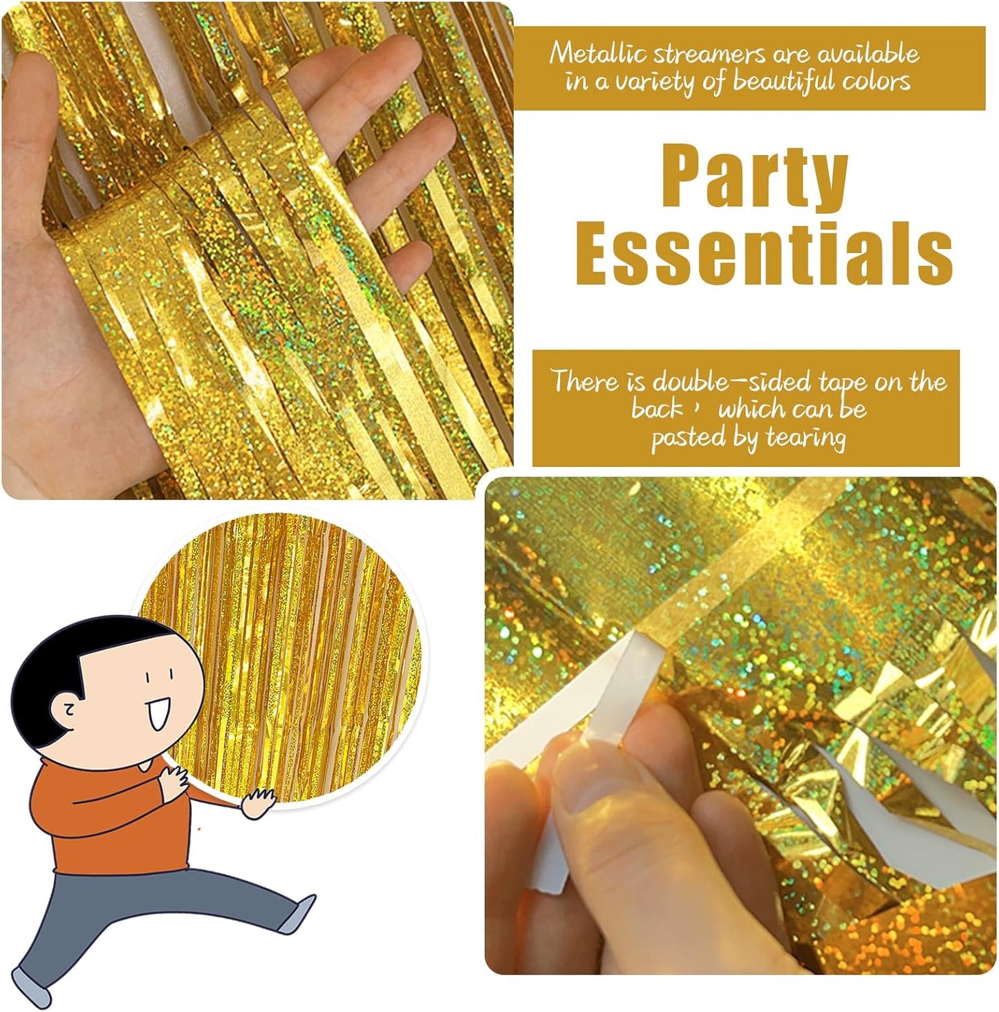 3 Pack Gold Backdrop Birthday Decorations Foil Curtain Backdrop Gold Streamers Dance Party Decorations Photo Booth Props for Bachelorette Decorations Christmas Halloween New Years Eve Party Supplies