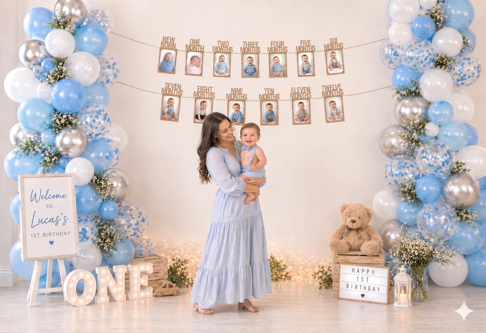 PartyHooman 1st Birthday Photo Banner for Baby from Newborn to 12 Months, First Birthday