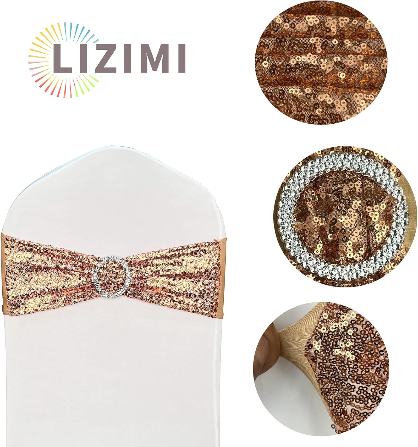 Chair Sashes Sequin Stretch Chair Bands Spandex Polyester Bows for Party Hotel Wedding Banquets Decoration - 6 Pcs Rose Gold