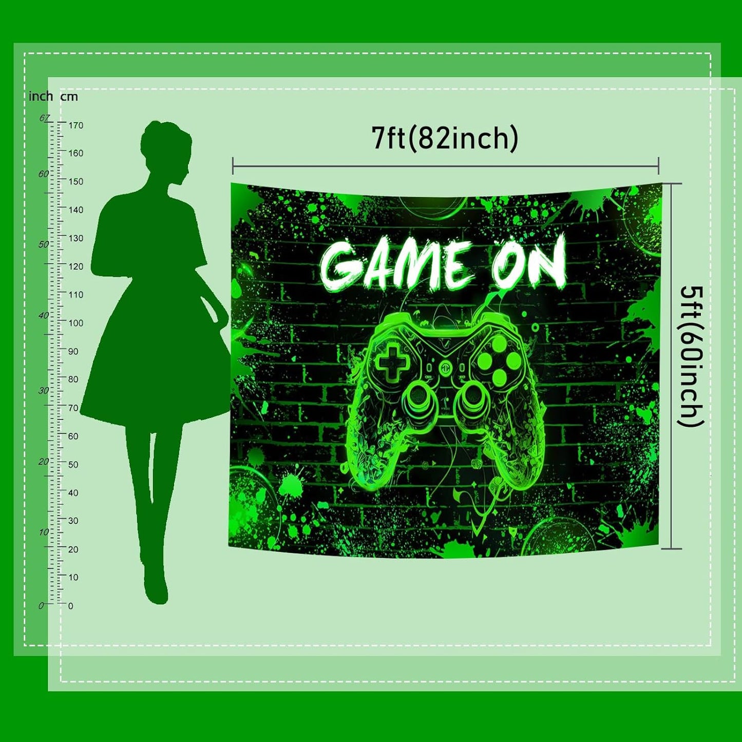 Mocsicka Game On Backdrop Video Game for Boys Level Up Birthday Party Decoration Game Night Arcade Neon Glow Gamer Banner Photography Background (Green, 10x7ft(120"x82"))