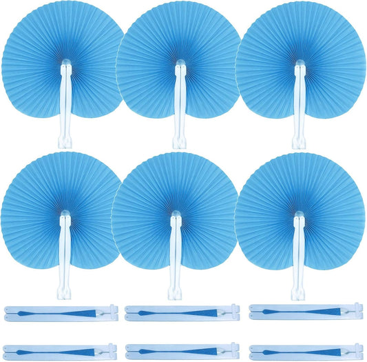 12 Packs Decorative Paper Folding Hand Fans Handheld,Blue Round Foldable Wedding Fans Chinese and Japanese Fans Bulk for Bridal Guest Church Party Favors Dancing Birthday DIY