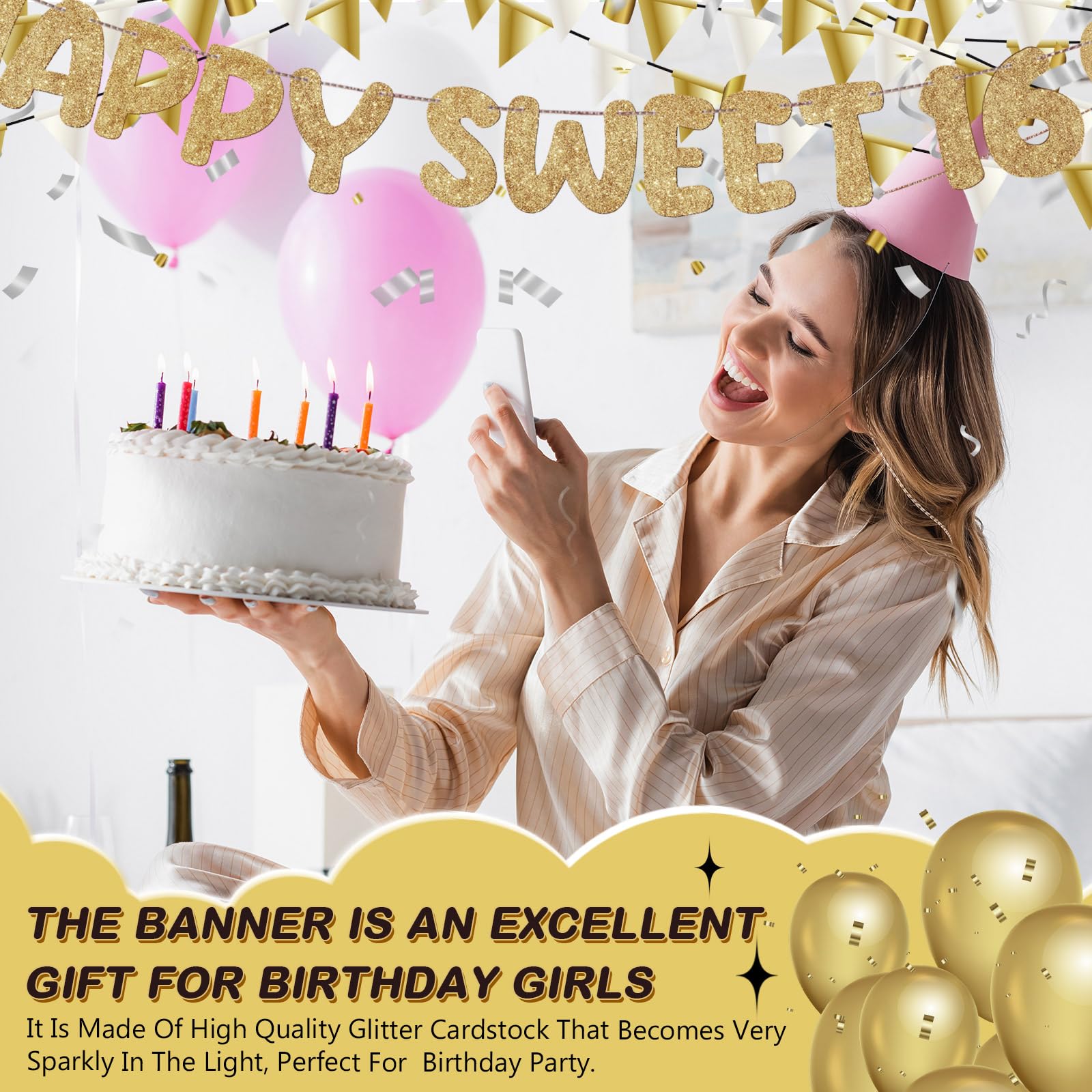 Fulmoon Happy Sweet 16 Banner Sixteenth Birthday,Champagne Gold