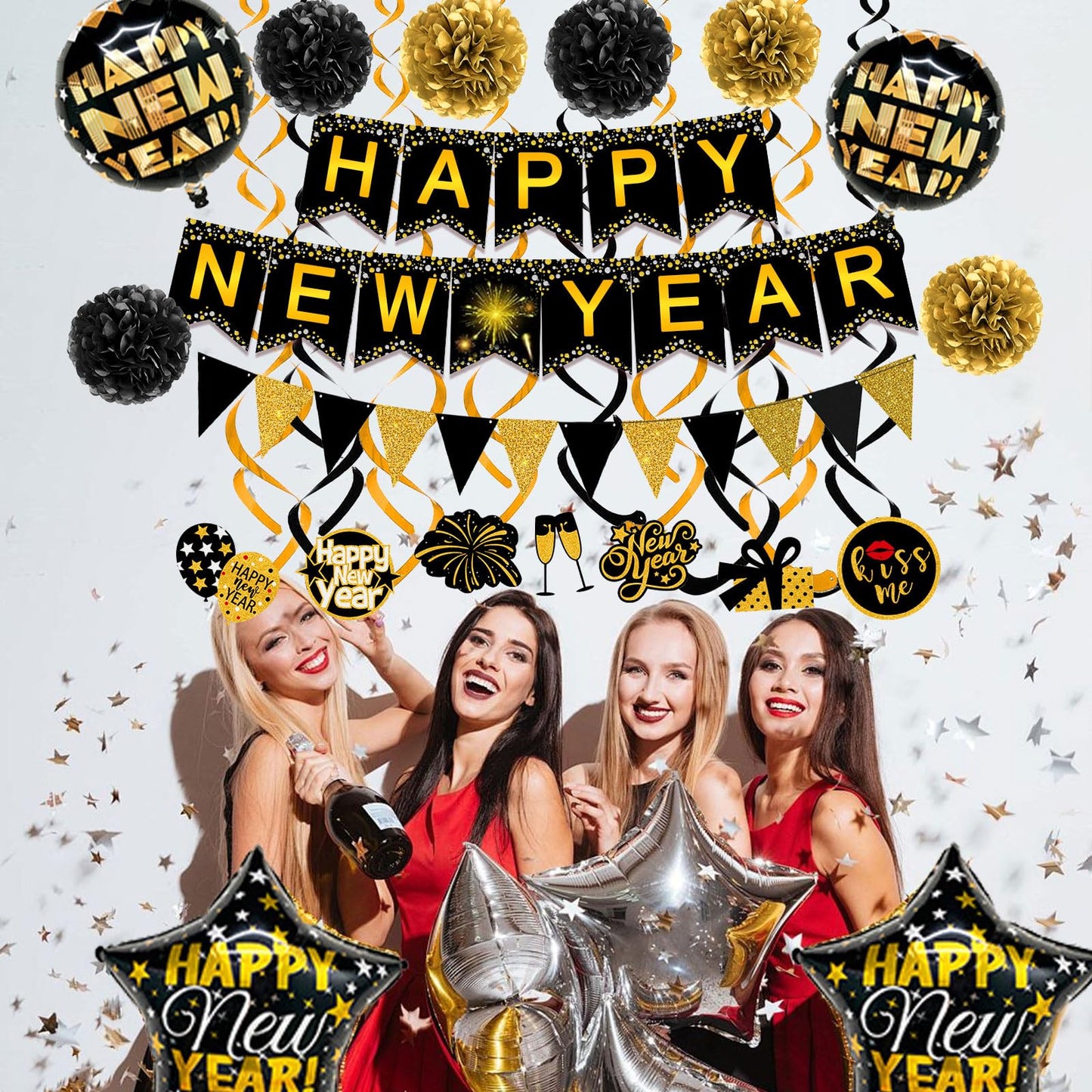 Famoby Happy New Year Paper Banner Triangle Flag Bunting Pom poms Swirls Streamers & Balloons for