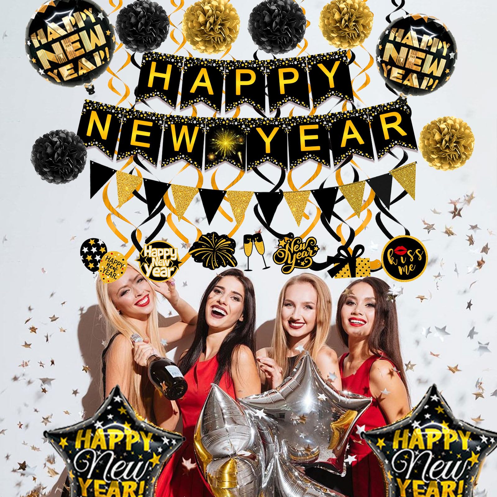 Famoby Happy New Year Paper Banner Triangle Flag Bunting Pom poms Swirls Streamers & Balloons for