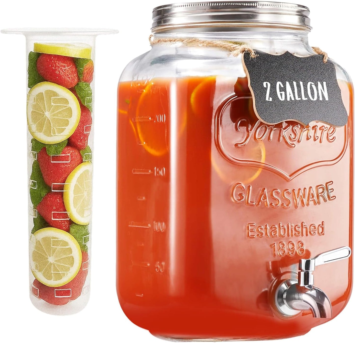 2 Gallon Glass Drink Dispenser for Parties, Beverage Dispenser, Lemonade Dispenser with 18/8 Stainless Steel Spigot, Leakproof for Sun Tea, Juice, Picnic, BBQ & Bars