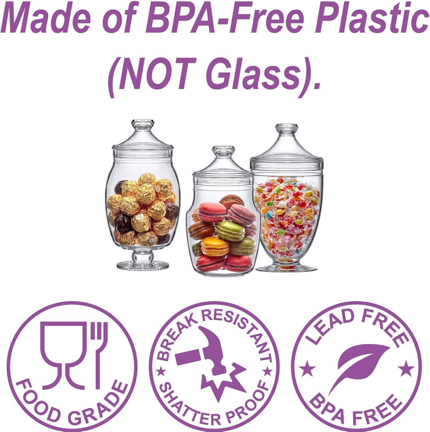 Amazing Abby - Keep - Acrylic Apothecary Jars (3-Piece Set), Plastic Jars with Lids, Bathroom Canisters, Vanity Organizers, Candy Buffet, Wedding Display, BPA-Free and Shatter-Proof (NOT Glass)