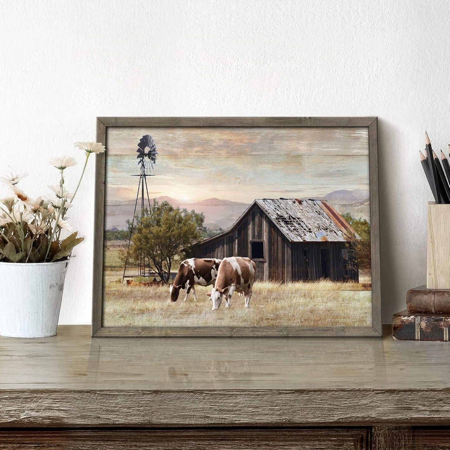 Nature Scene Wooden Framed Art：Horses&Vintage House under the Mountain Painting Print with Framed for Bathroom (12'' x 16'' x 1 Panel)