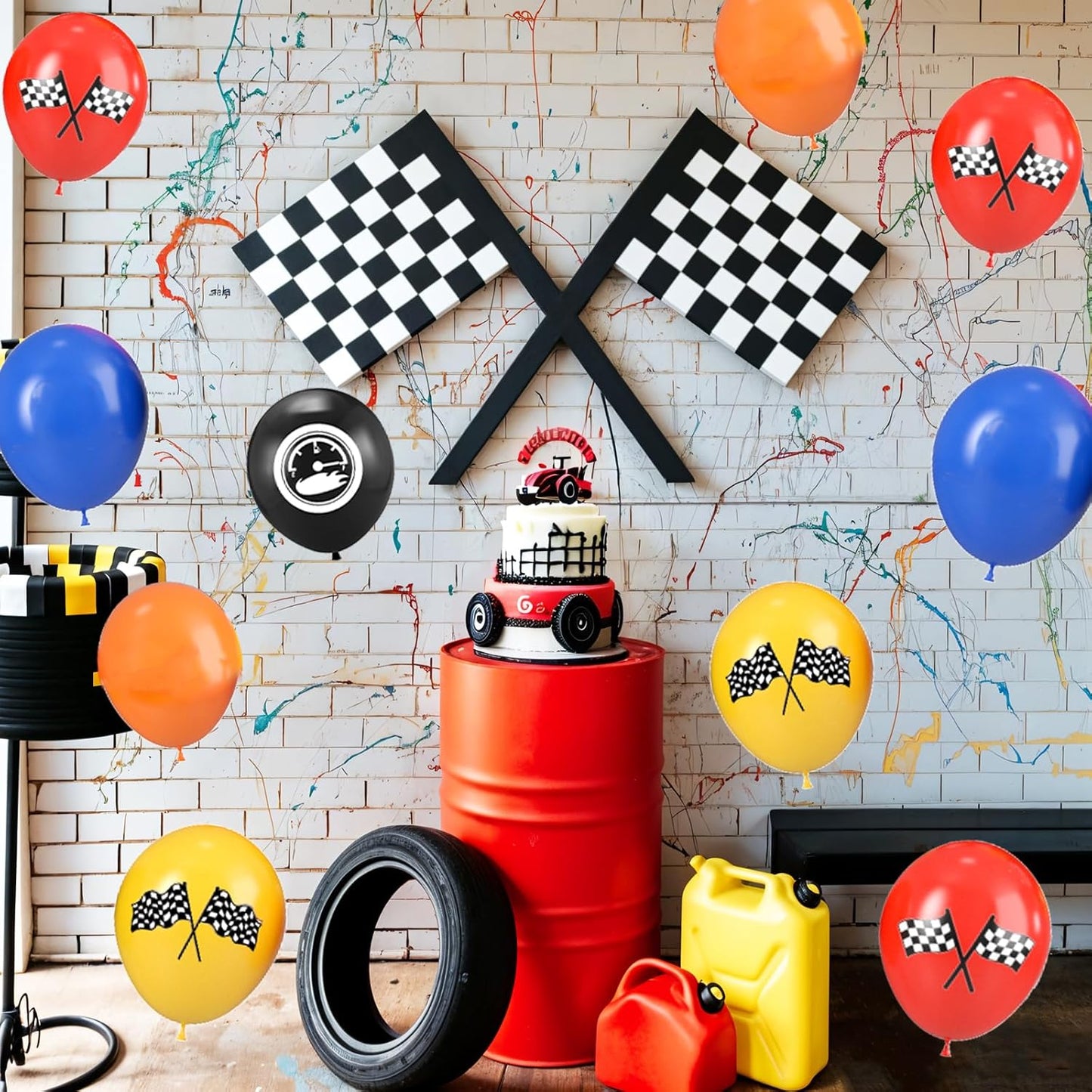 Race Car Balloons, 12 Inch Blue Black Yellow Orange Red Checkered Flag Car Balloons for Boy Race Cars Themed Birthday Graduation Baby Shower Backdrop