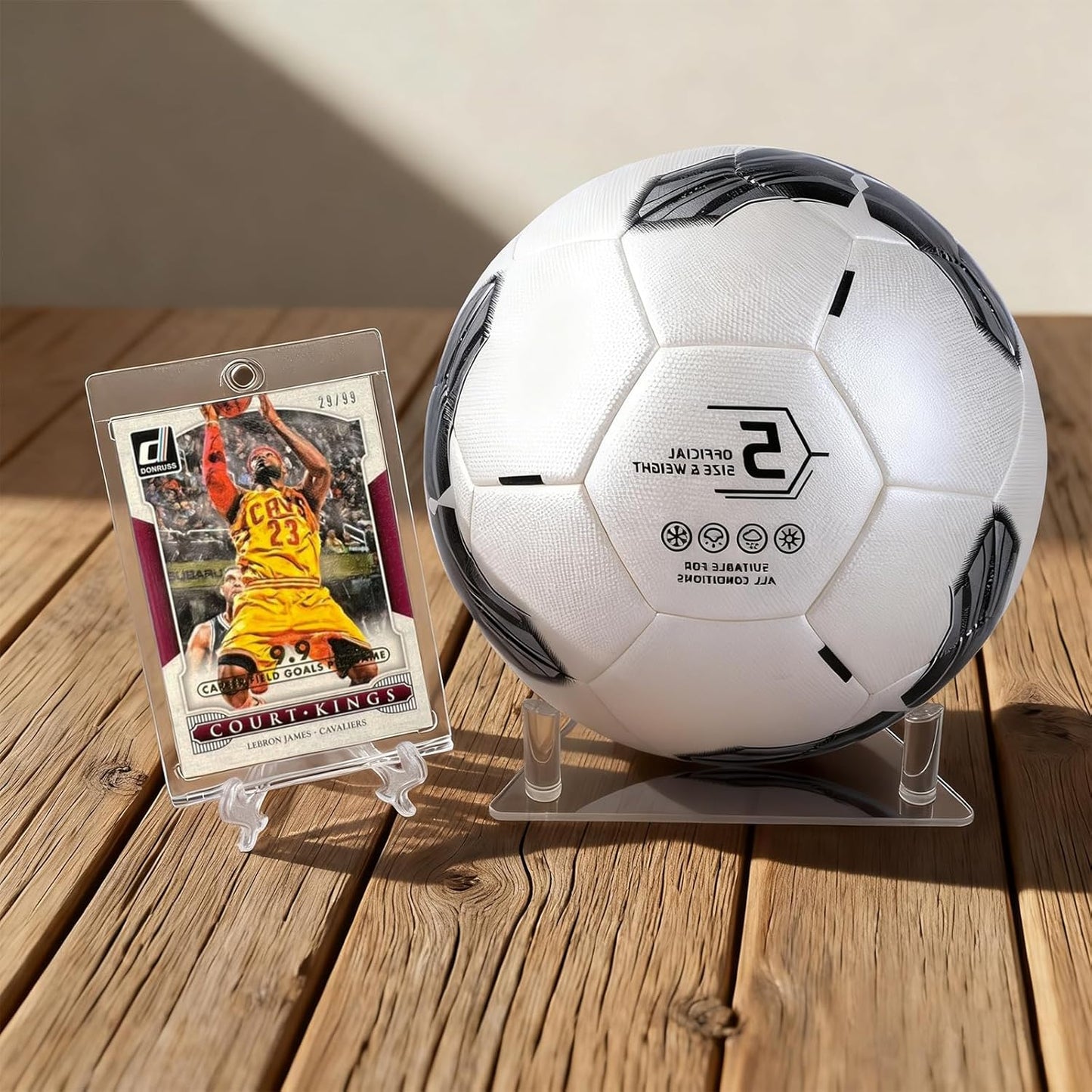 Ball Display Stand with Card Display Stand, Transparent Acrylic Sleek Holder for Different Size Basketball, Soccer Ball, Football, Small Easel Holder Stand for Trading Card Holder-2 Packs