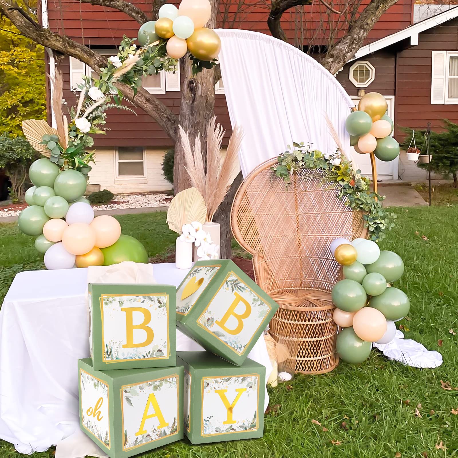 RUBFAC Baby Shower Boxes with Letters, 4pcs Sage Green Baby Shower Decorations for Boy Girl Balloon
