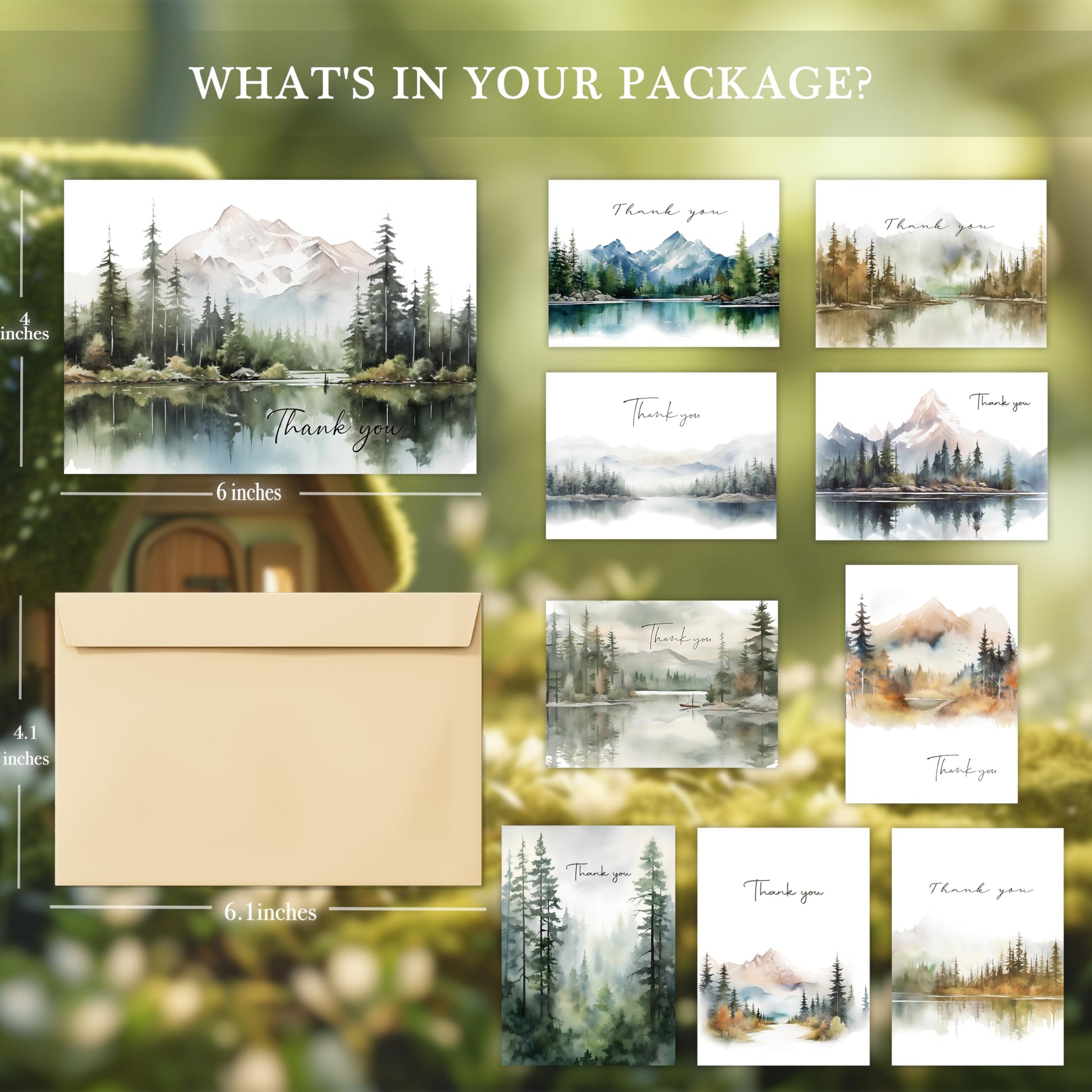 Thank You Cards Set of 20,4x6 Inches Watercolor Nature Forest Thank You Cards with Envelopes