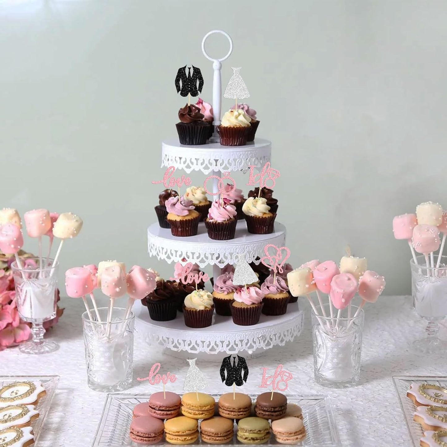 Gyufise 24Pcs Wedding Cupcake Toppers Glitter Groom and Bride Cupcake Picks Love I Do Ring Heart Cake Decorations for Bridal Shower Wedding Engagement Party Cake Decorations Supplies