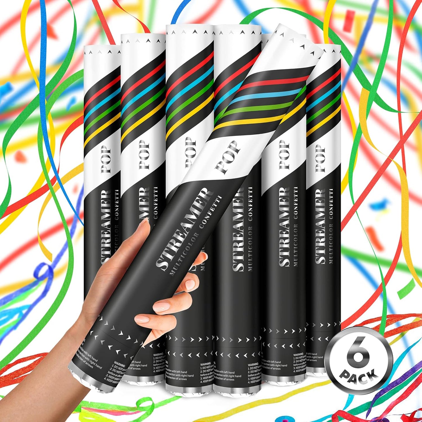 16" STREAMERS Confetti Cannons - 6Pack Biodegradable Colorful Streamers Confetti Party Poppers, No Mess, Loud POP|Up to 40ft, Wedding, Birthday Red/Blue/Purple/Yellow/Green/Rainbow