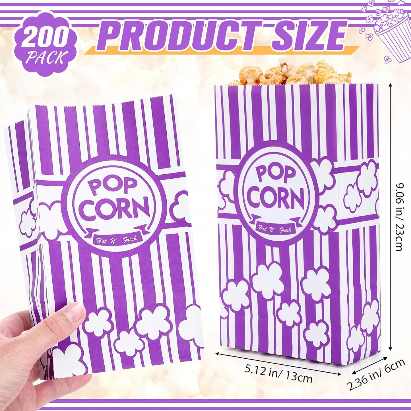 Leinuosen 200 Pcs Paper Popcorn Bags Bulk 2 oz Large Flat Bottom Boxes Disposable Container Sleeve Movie Night Popcorn Bucket for Retro Movie Themed Party Carnival Supplies (Purple)