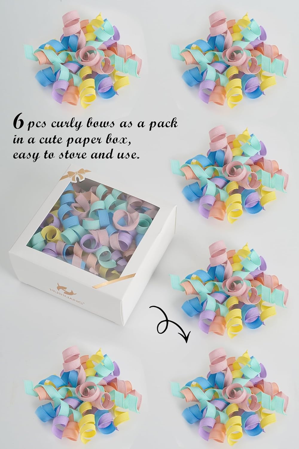 HUIHUANG Pastel Curly Ribbon Bows Pastel Bows for Gift Wrapping, Self Adhesive Burst Gift Bow for Presents, Birthday, Holiday Party Favors, Wine Bottle, Treat Bags- 6 Counts