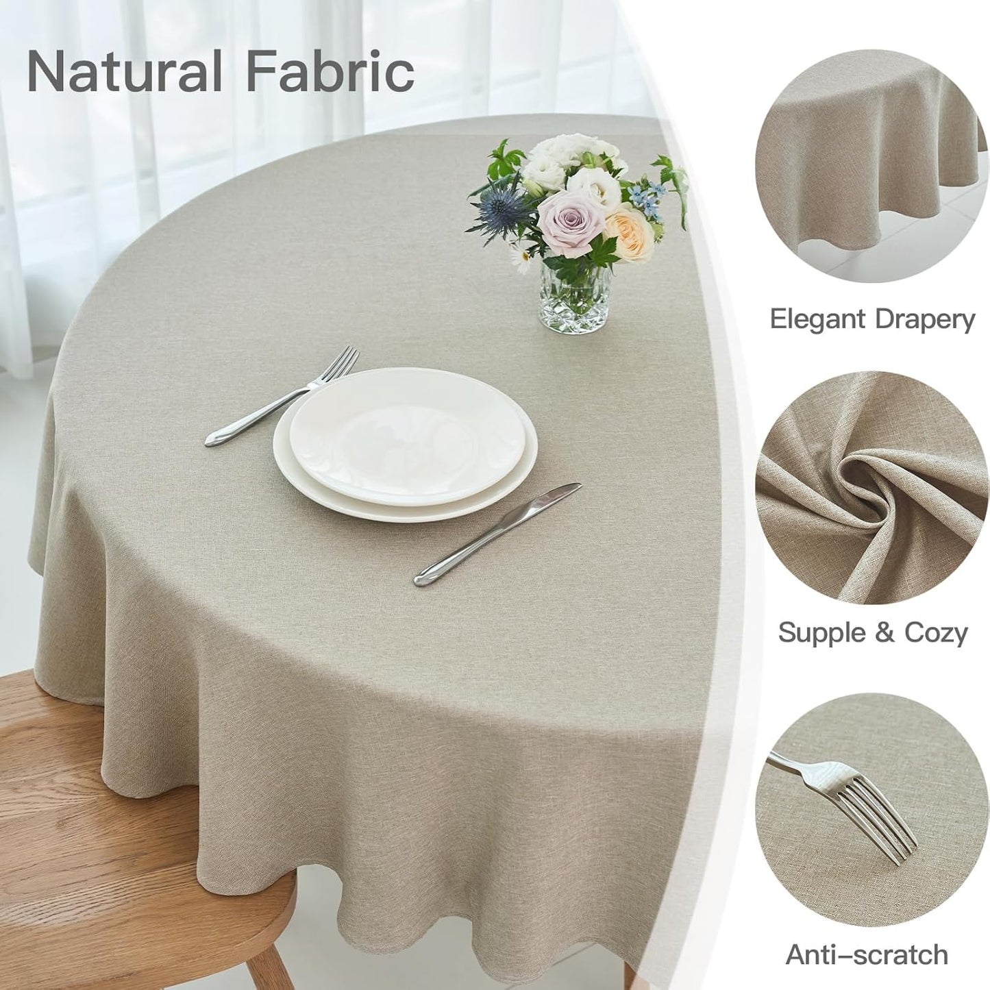 maxmill Round Linen Textured Tablecloth Spill-Proof Stainproof Wrinkle Free Washable Fabric Table Cloth for Circular Table Cover, Dining Room Buffet Banquet Parties Holiday Dinner, 70 Inch Linen
