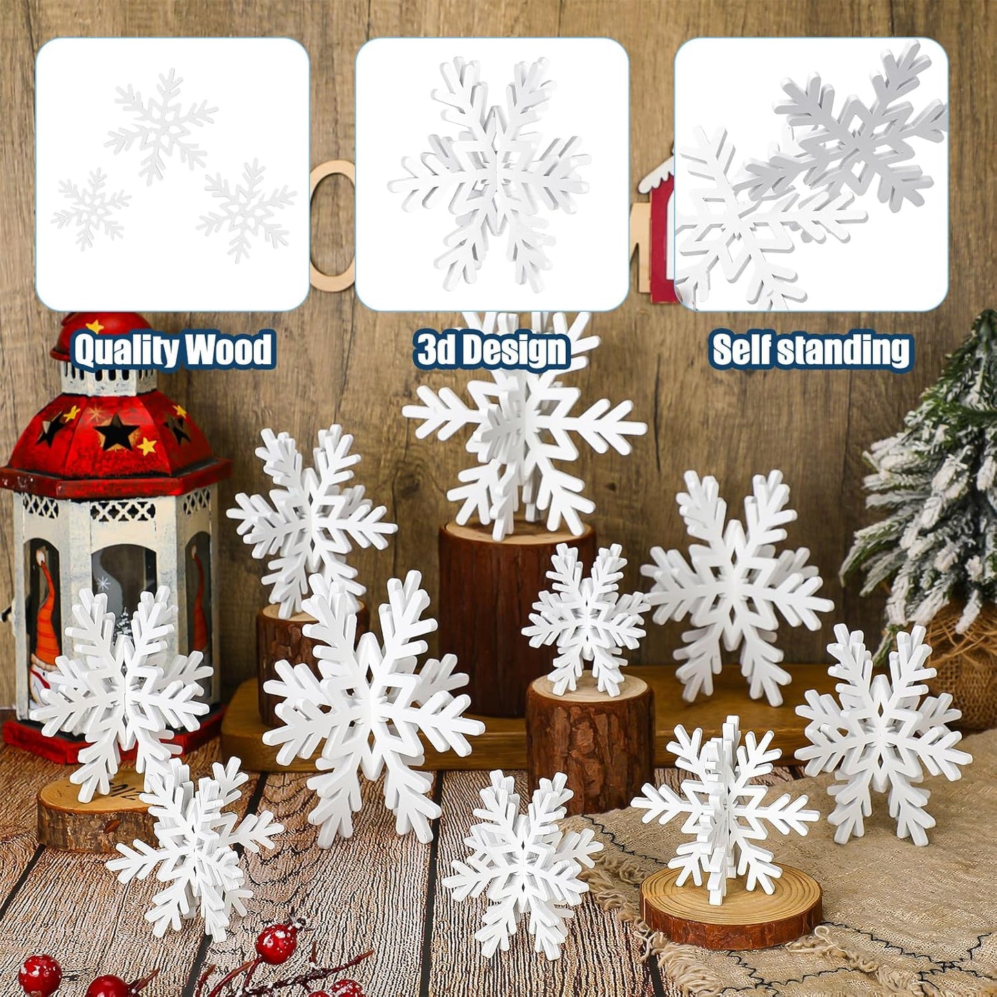 Qunclay 20 Pcs Wooden Snowflake Decorations 3D Snowflake Tabletop Decor Christmas Signs and Centerpiece for Winter Wonderland Decorations Xmas Tiered Tray Decor(White)