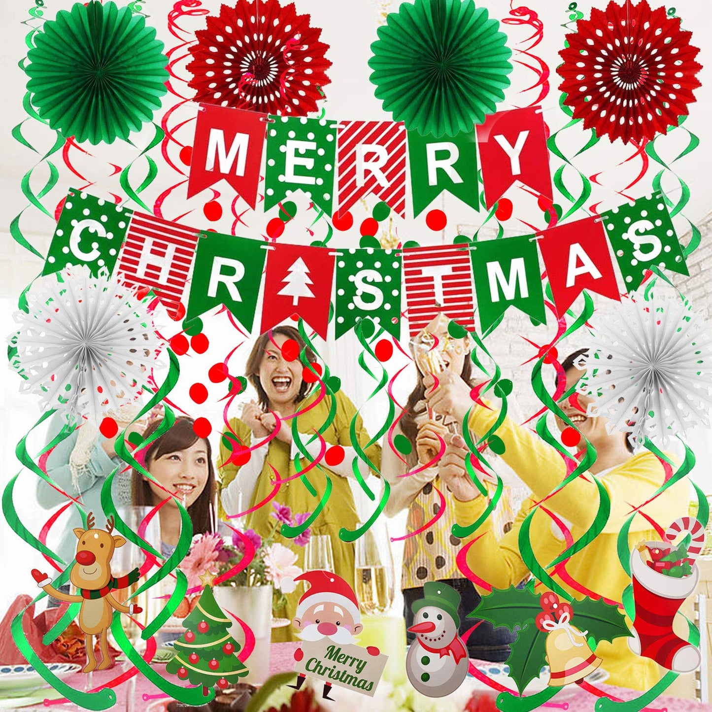 FECEDY Merry Christmas Banner Paper Fan Flower Circle Confetti Dots Hanging Garlandand Swirl