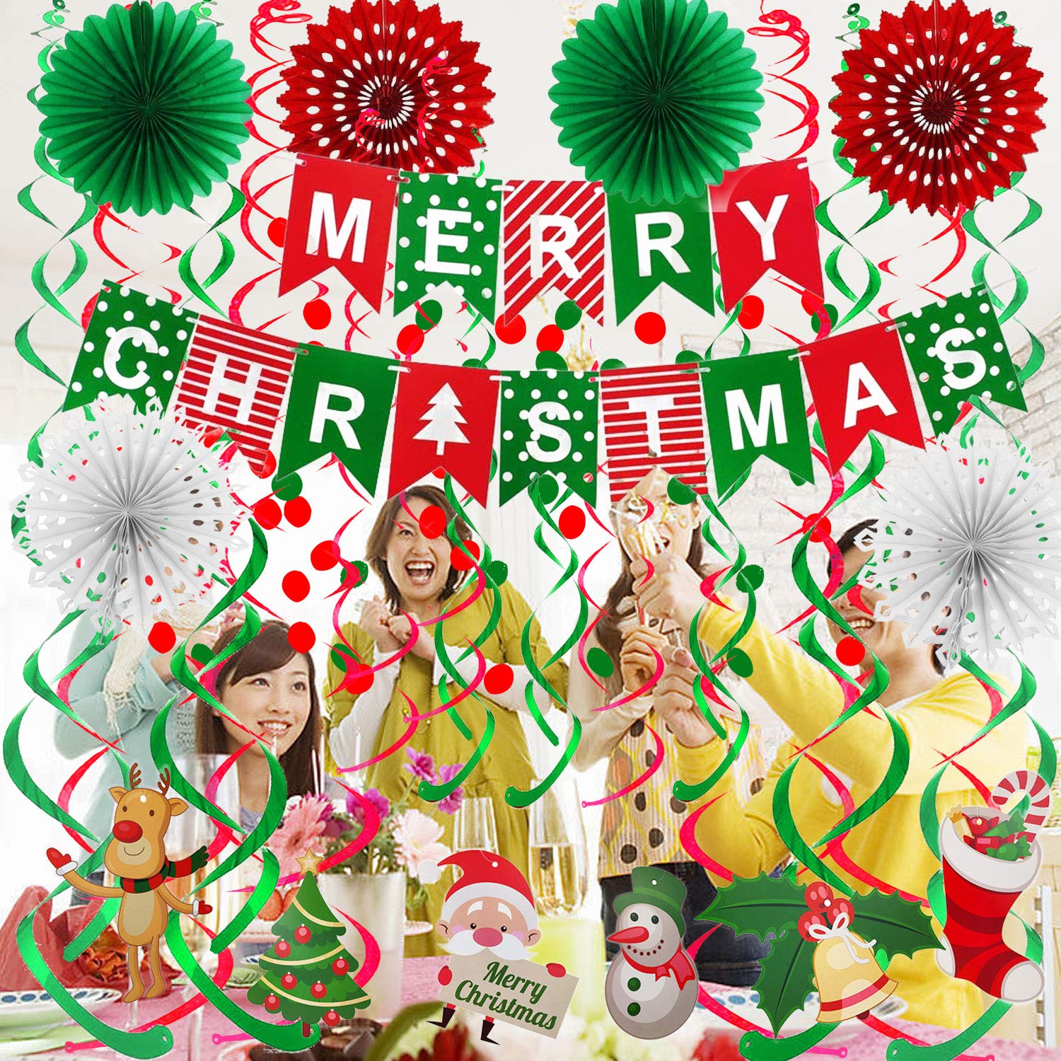 FECEDY Merry Christmas Banner Paper Fan Flower Circle Confetti Dots Hanging Garlandand Swirl