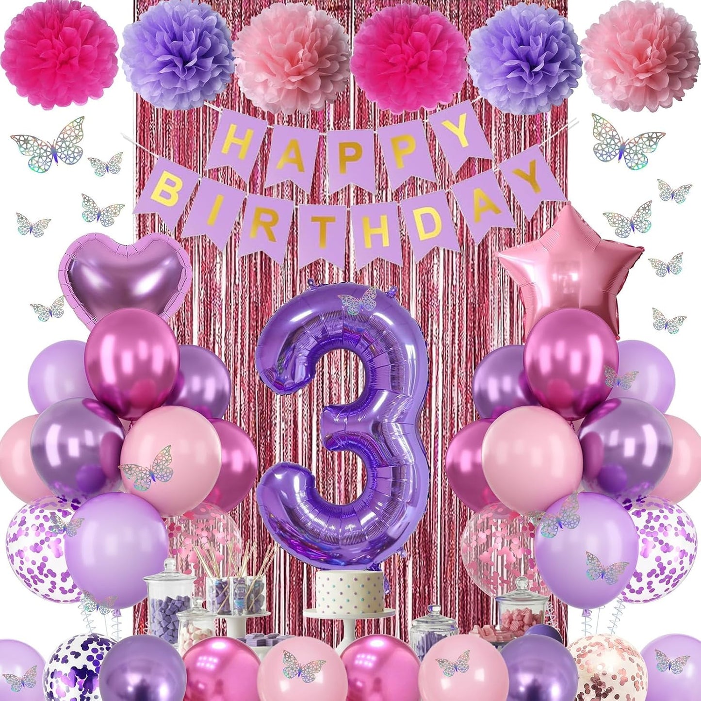 Pink Purple 3rd Birthday Party Decorations for Girls Number 3 Balloon Happy Birthday Banner Butterfly Stickers Fringe Curtain Paper Pom Poms Metallic Hot Pink Star Foil Balloons 3 Year Old Princess