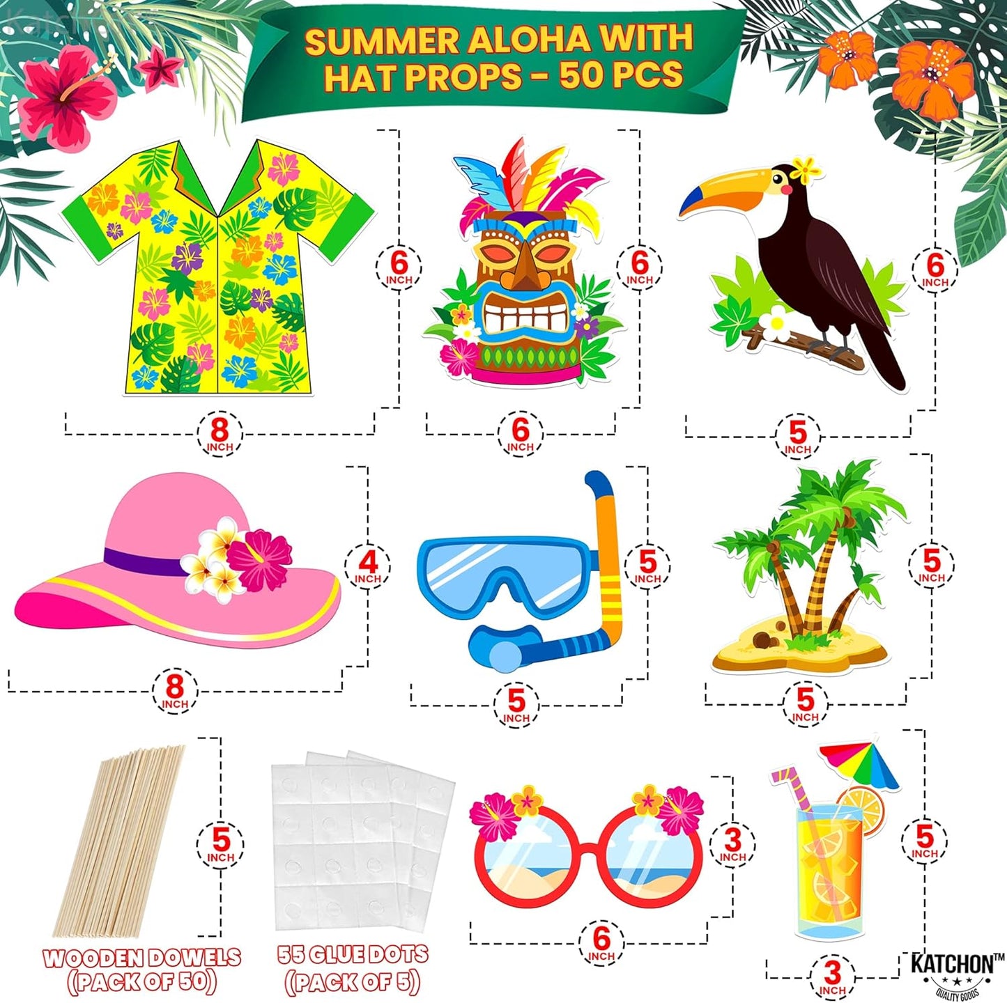 KatchOn, Tropical Hawaiian Photo Booth Props - Pack of 50, Luau Party Decorations | Luau Photo Booth Props for Hawaiian Party Decorations | Luau Photo Props, Aloha Party Decoration, Summer Party Décor