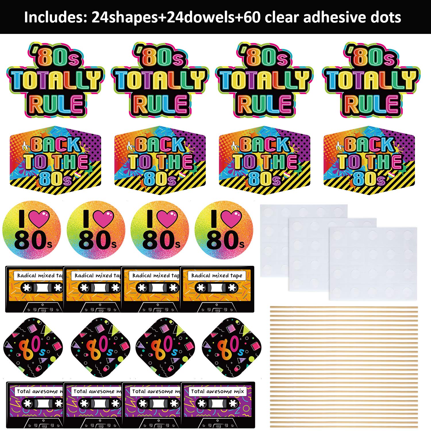24 Pieces 80's Party Decorations 1980's Retro Centerpiece Sticks Back to 80s Hip Hop or Birthday