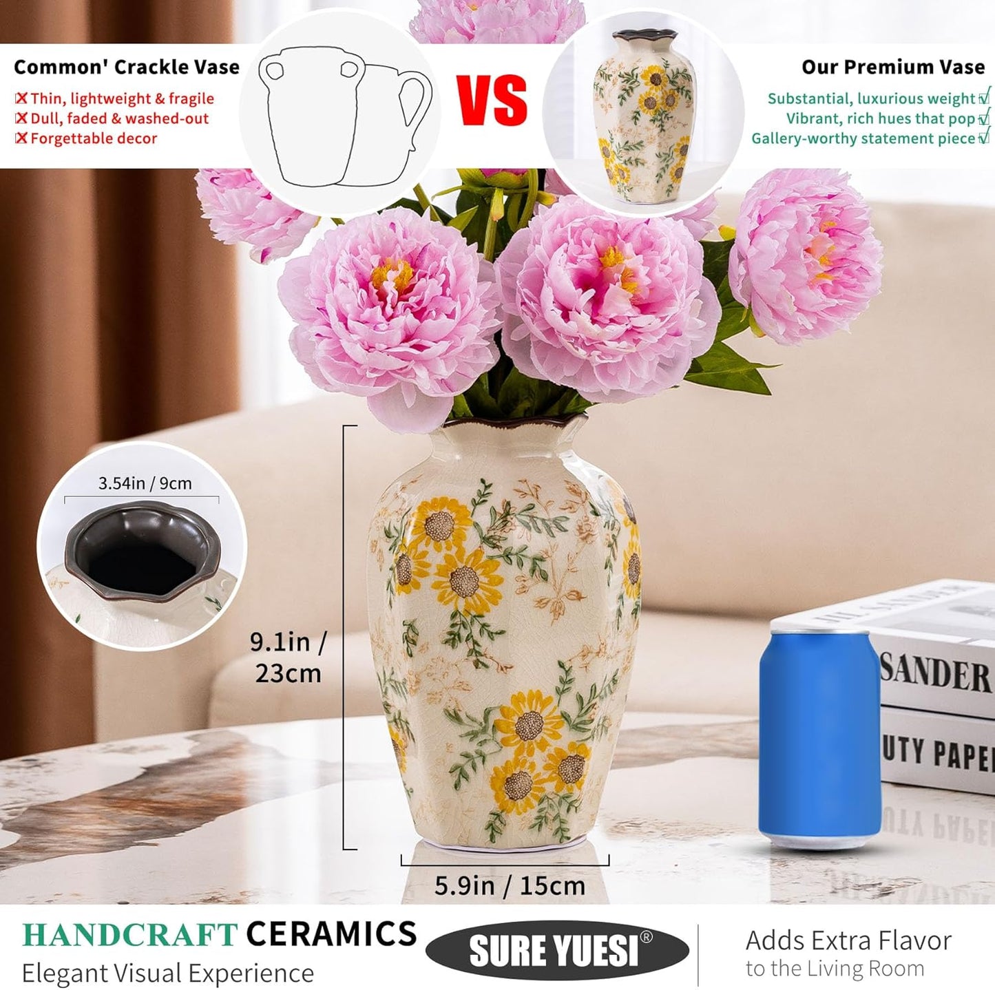 Hand-Painted Sunflower Vintage Ceramic Octagonal Vase, Green Yellow Beige Flower Vases for Bouquet, Fireplace Mantle, Table Centerpieces, Bookshelf, Office, Chinoiserie Floral Home Decorations 9.1 in