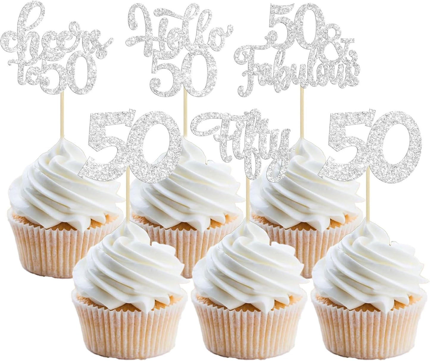 30Pcs Happy 50th Birthday Cupcake Toppers Silver Glitter Fifty Cheers to 50 Years Old Birthday Cupcake Picks for 50th Birthday Anniversary Party Cake Decorations Supplies