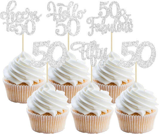 30Pcs Happy 50th Birthday Cupcake Toppers Silver Glitter Fifty Cheers to 50 Years Old Birthday Cupcake Picks for 50th Birthday Anniversary Party Cake Decorations Supplies