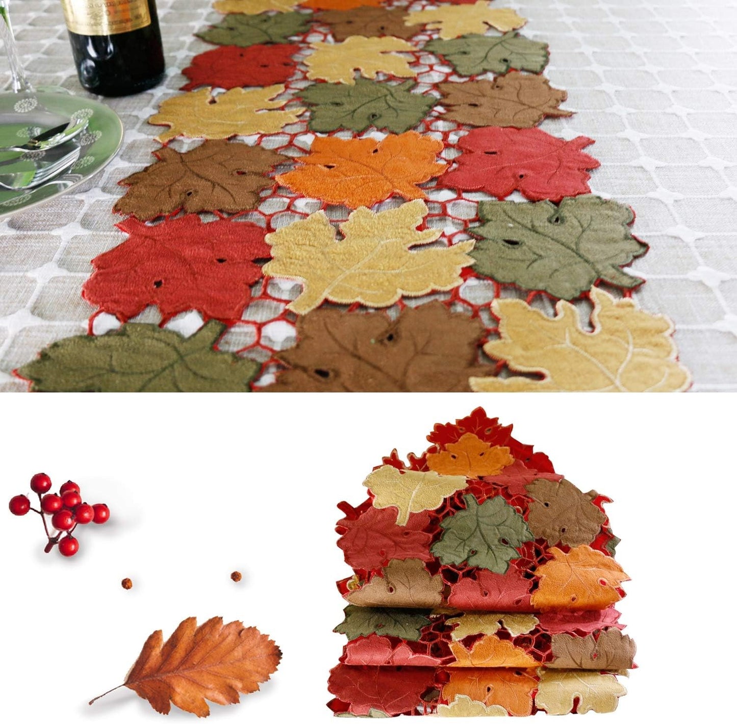 OWENIE Fall Table Runner 36 Inches Long, Short Small Thanksgiving Table Runner for Coffee Table, Embroidered Cutwork Harvest Leaves Autumn Farmhouse Kitchen Decorations , 13 x 36 Inches