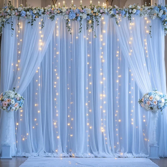 Blue Tulle Backdrop Curtains with Lights String for Parites Baby Shower 30×10ft Blue Sheer Backdrop Curtains Drapes for Bridal Shower Birthday Party Photo Shoot Background Decorations(6 Panels 5×10ft)